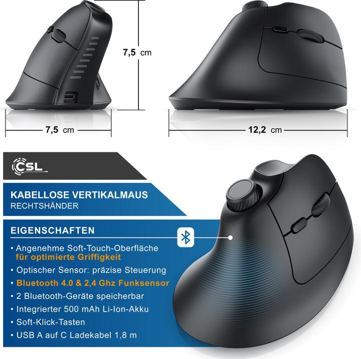 Actual product image CSL Wireless vertical mouse, 2.4 GHz wireless & BT4.0, 250 dpi, against mouse arm / tennis elbow (Wireless)