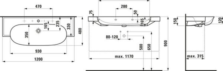 Actual product image Laufen The New Classic washbasin, undermount, without overflow, 2 tap holes, 1200x480mm, H813858 (1200 mm, 480 mm)