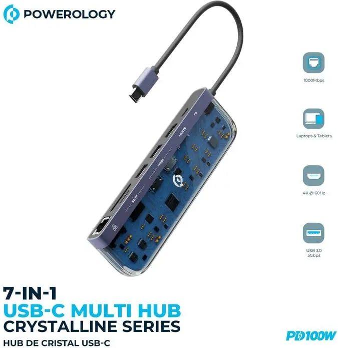 Actual product image Powerology Crystalline Series 7 in 1 USB-C Multi Hub PD 100W (USB-C, 7 ports)