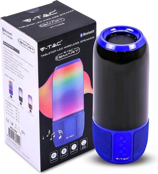 Produktbild V-TAC 6W Bluetooth speaker with LED lights, blue, USB and TF slot, DC: 5V (2 h)