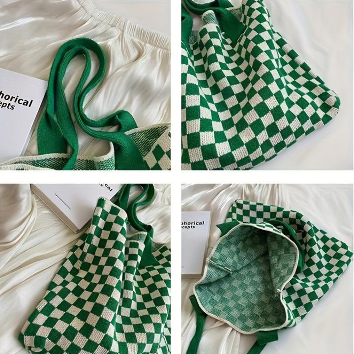 Actual product image Only-Bags.Store Plaid Knitted Shoulder Bag, Trendy Plaid Pattern Tote Bag, Large Capacity Handbag for