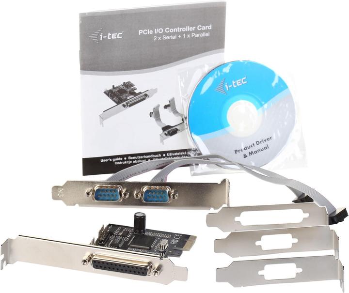 Actual product image i-tec PCI-E 2x serial 1x parallel adapter PCI-Express RS232 2x DB-9 parallel port 1x DB-25 via
