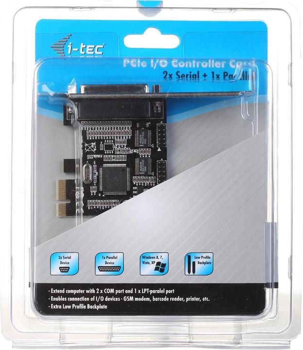 Actual product image i-tec PCI-E 2x serial 1x parallel adapter PCI-Express RS232 2x DB-9 parallel port 1x DB-25 via