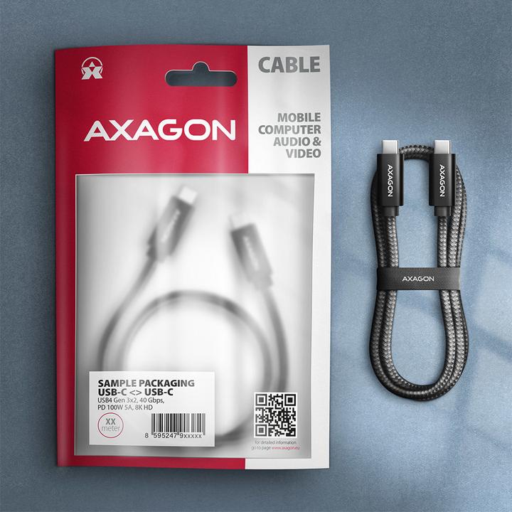 Actual product image Axagon BUCM432-CM10AB USB-C to USB-C cable, USB4 Gen 3×2, 1m, PD 100W, 8K HD, ALU, braided - black (1 m, USB 4.0, 100 W)