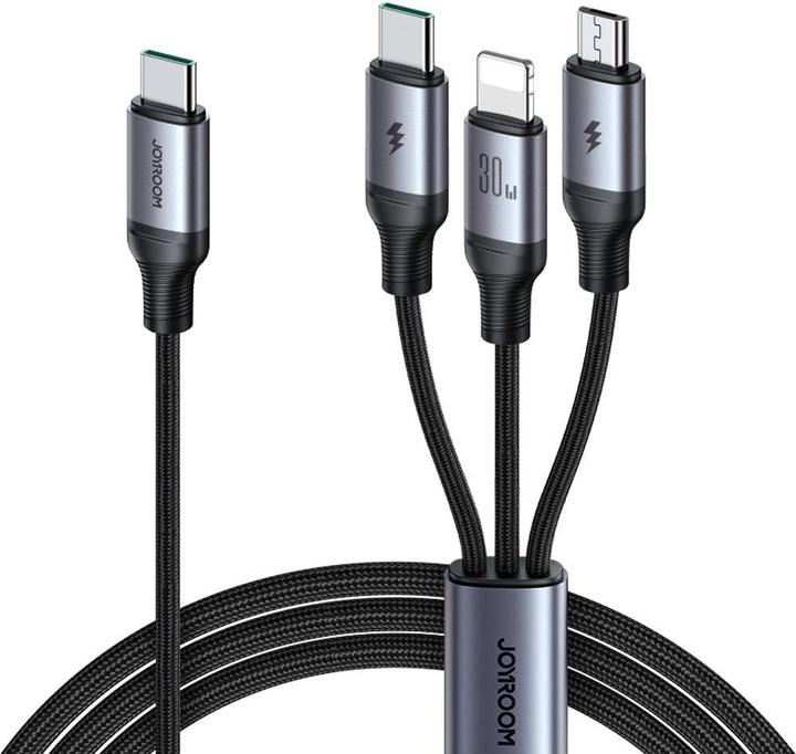 Joyroom SA21-1T3 Speedy Series 30W 3-in-1 Fast Charging Cable (Type-C to L+C+M) 1.2m-Black (1.20 m, 30 W)