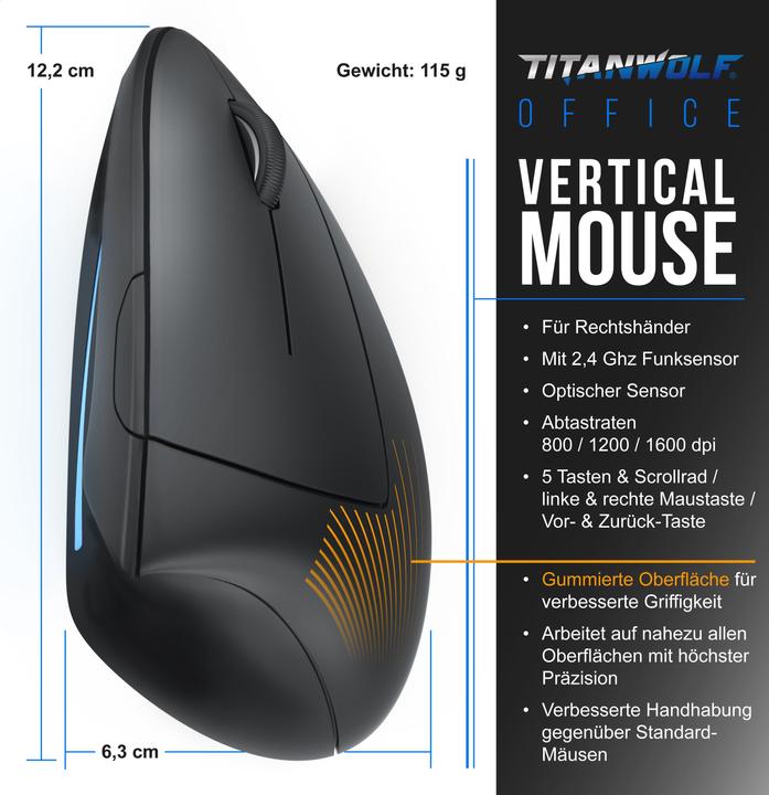 Immagine prodotto Titanwolf Mouse verticale da ufficio senza fili (Senza fili)