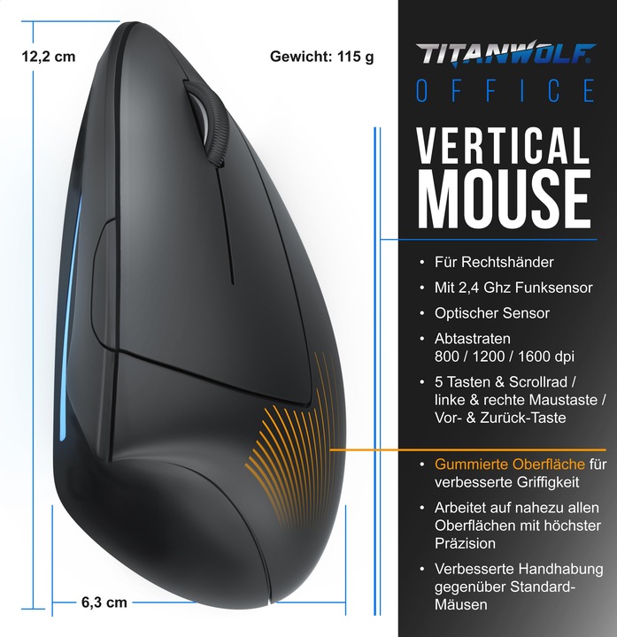 Actual product image Titanwolf Vertical wireless mouse - ergonomic wireless vertical mouse 2.4 Ghz - USB Vertical Mouse - wireless (Wireless)