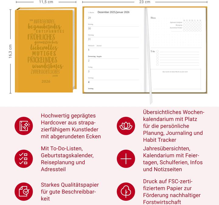 Immagine prodotto Kalenderbuch A6 gelb 2026 (A6, 1 settimana / 2 pagine)