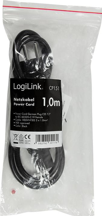 Produktbild LogiLink Power Cord CEE 7/7-IEC C19 black 1.00m (1 m)