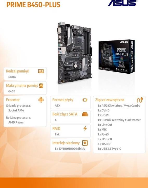 Image du produit ASUS Prime B450-Plus (AM4, AMD B450, ATX)