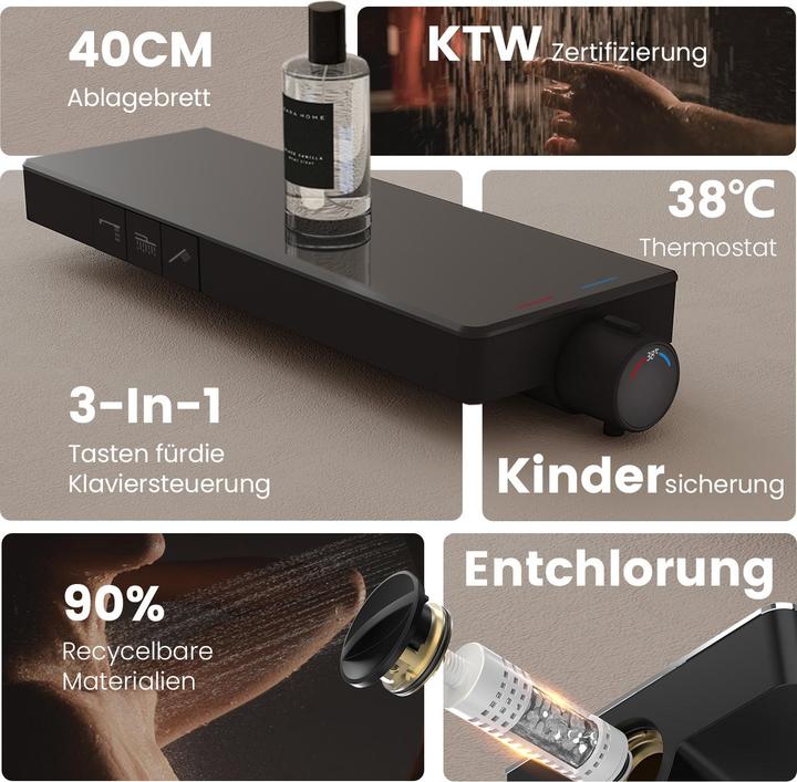 Actual product image Emke Thermostatic Shower System with Overhead Rain Shower, Hand Shower, and Lower Outlet, Black