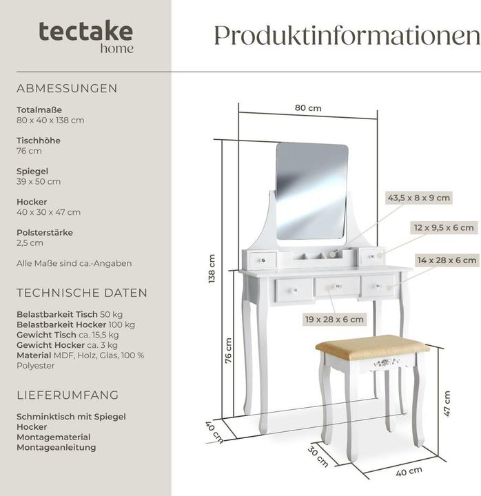Produktbild tectake Claire (80 x 40 x 138 cm)