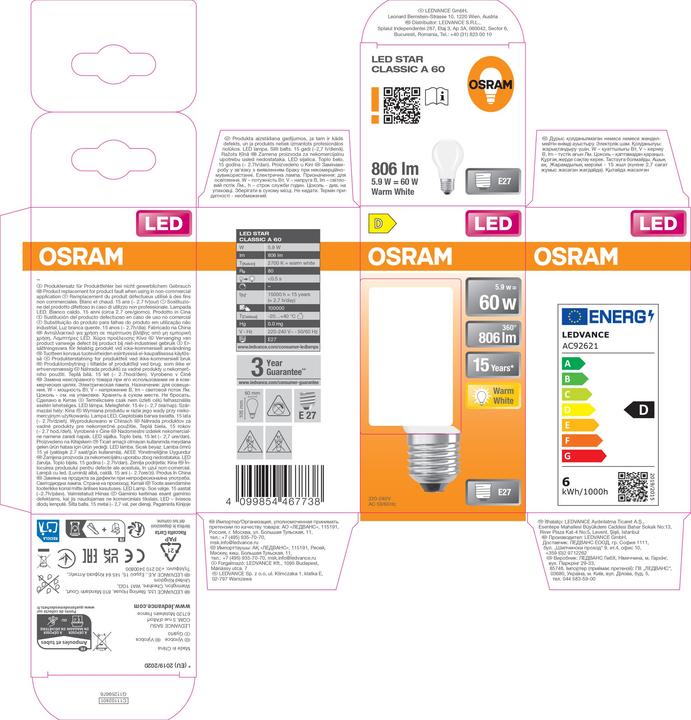 Image du produit Osram LED Leuchtmittel LED Retrofit CLASSIC A 5.9W 827 Frosted E27 Warm weiss 4099854467738 (E27, 806 lm, 1x)