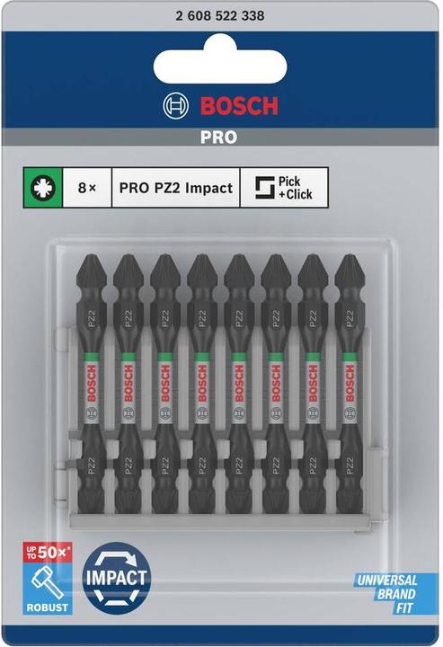 Produktbild Bosch Professional Zubehör PRO Impact Schrauberbit mit Doppelklingen und Pick and Click-Einsätzen, PZ2, 65 mm, 8-tlg. (Schraubschlitz, Sechskant (hexagonal))