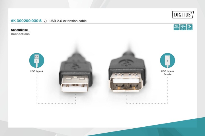 Produktbild Digitus USB A — USB A (3 m, USB 2.0)