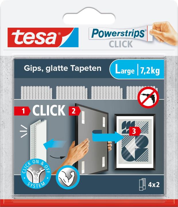 tesa Powerstrips CLICK - Cuscinetti adesivi in velcro - Appendi quadri senza forare - Grande 7,2kg - 4 x (7.20 kg)