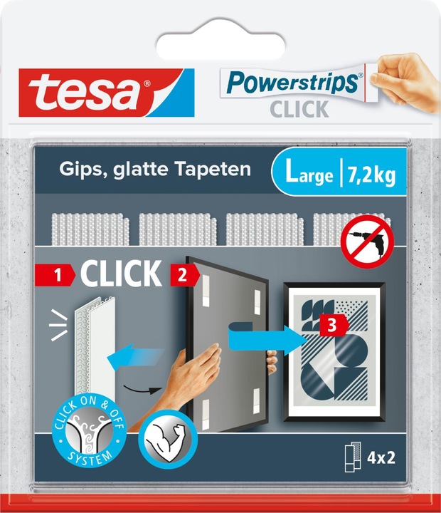 tesa Powerstrips CLICK - Cuscinetti adesivi in velcro - Appendi quadri senza forare - Grande 7,2kg - 4 x (7.20 kg)