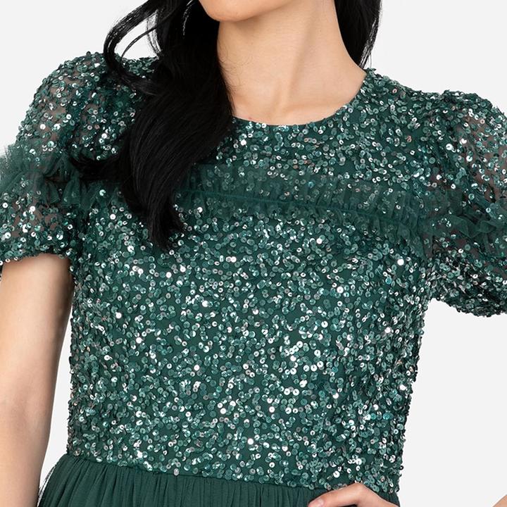 Actual product image Maya Deluxe Embellished Midi Dress with Puff Sleeves for Wedding Guest and Bridesmaid (34, 36, 38, 40, 42, 44, 46, 48, 50, 52, 54)