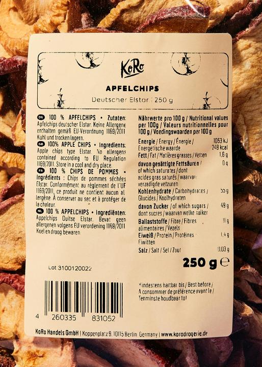 Nutritional values and ingredients KoRo Dried apple crisps, "Elstar" variety (250 g)