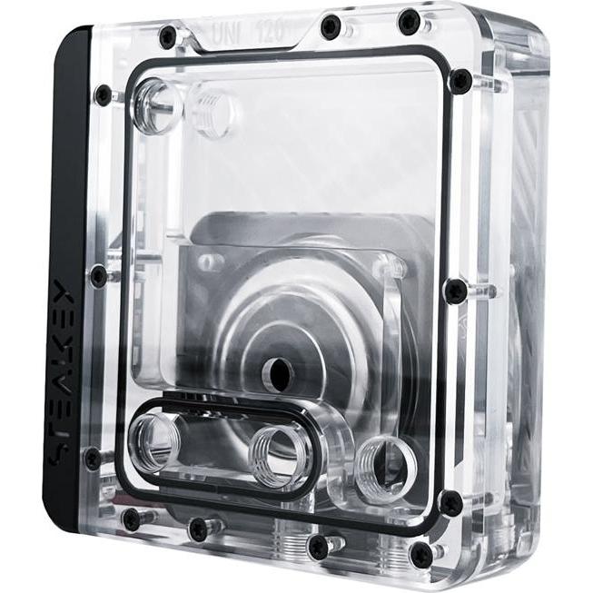 Stealkey Customs UNI 120 Distroplate + D5, ARGB - Acryl, Wasserkühlung Ausgleichsbehälter
