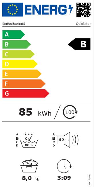 Label énergétique Schulthess Quickstar sèche-linge, charnières de porte à gauche (8 kg, Gauche)
