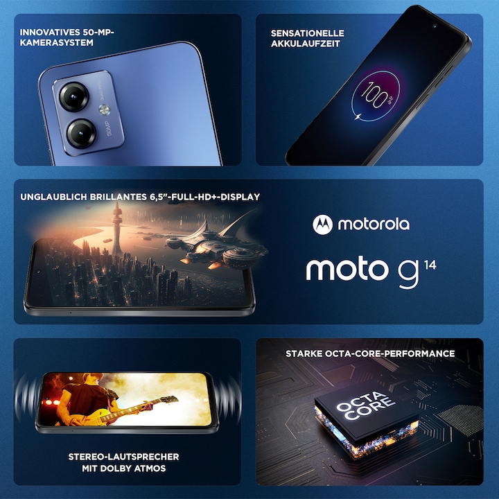 Produktbild Motorola Moto G14 (128 GB, Sky Blue, 6.50", Dual SIM, 50 Mpx, 4G)