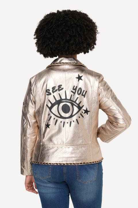 Actual product image Angel of Style Embroidered Back Leather Biker Jacket in Real Leather with Golden Coating (52)