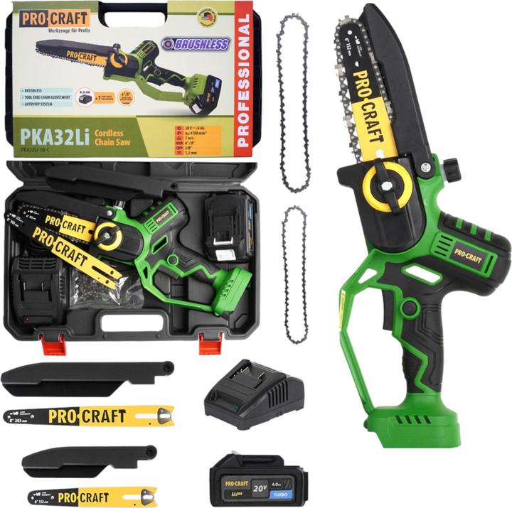 Procraft PKA32Li Akku Kettensäge 20 V 203 mm Brushless + 1x Akku 4,0 Ah + Ladegerät + Koffer (Akku Kettensäge)