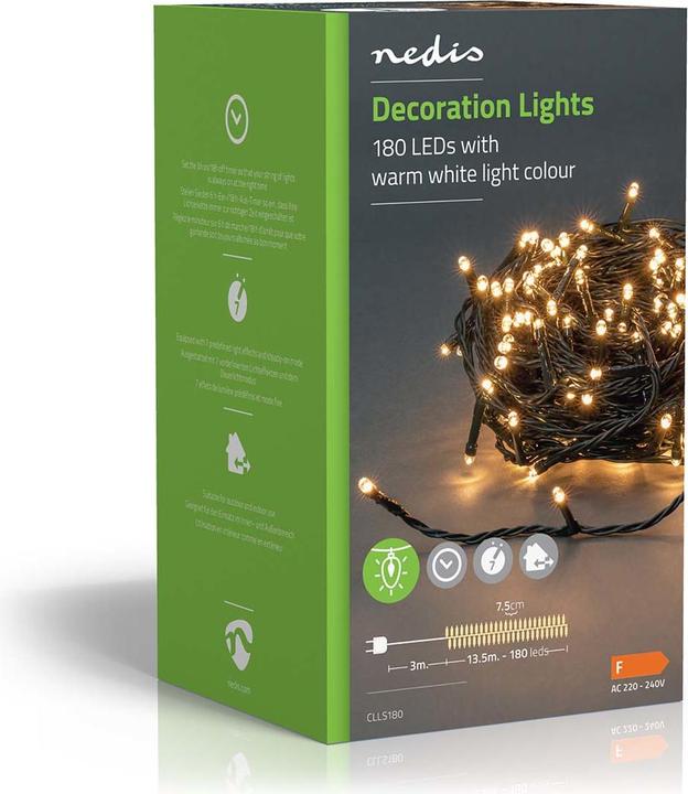 Immagine prodotto Nedis Luci decorative | Cavo | 180 LED | Bianco caldo | 13,50 m | Effetti di luce: 7 | Interno e A (13.50 m)