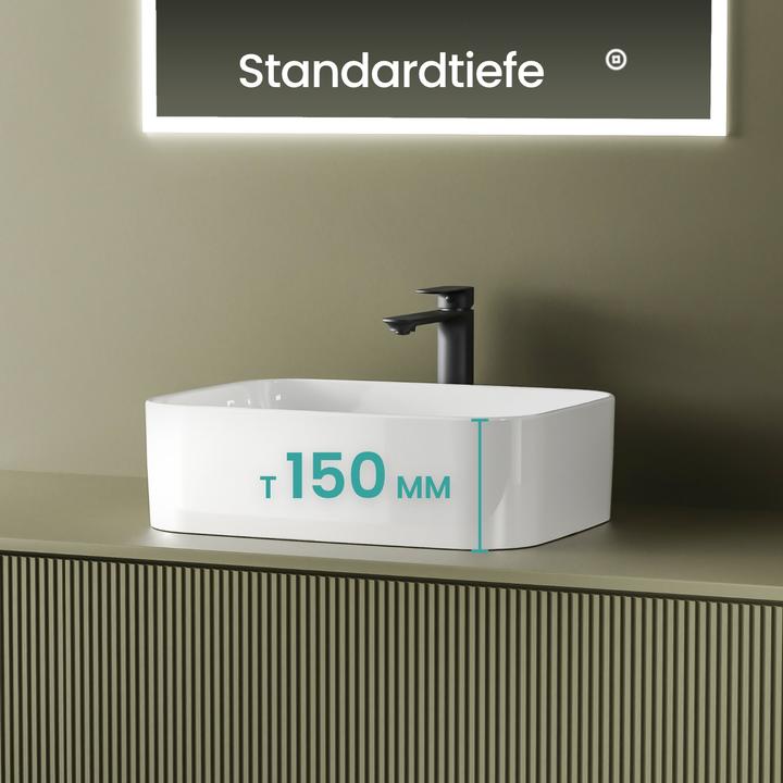 Produktbild Emke Aufsatzwaschbecken Eckiger Waschbecken Keramik Waschbecken Waschtisch Weiss Glänzend 61×15×38 cm