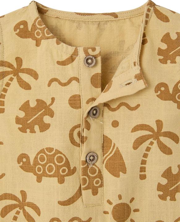 Vertbaudet Kurzer Baby Overall in Leinenoptik mit Strand-Motiven