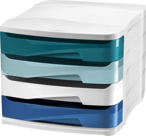 Cep Ladebox Riviera, 4 laden, wit/blauw gemaakt van polystyreen, stapelbaar, geschikt voor DIN A4 (A4)