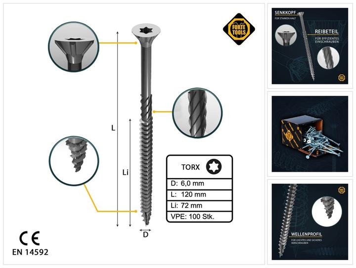 Produktbild Forte tools CHIPBOARD SCR T30 6.0X120/72 WHIT ZN(100 (100 Schrauben pro Stück)