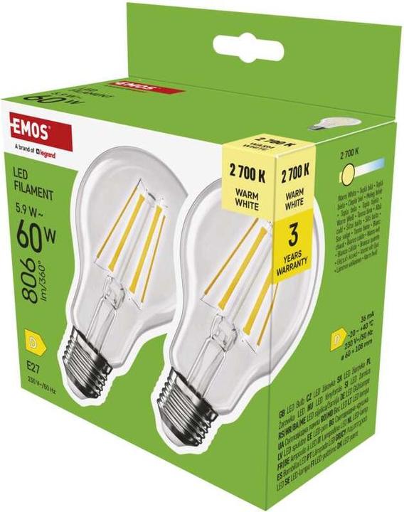 Produktbild Emos LED Lampe Filament A60 / E27 / 5,9 W (60 W) / 806 lm / Warmweiss (E27, 5.90 W, 806 lm, 2 x, D)