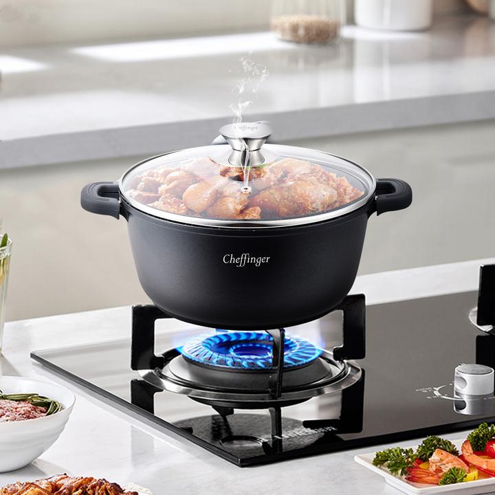 Actual product image Cheffinger Marble-coated pot with glass lid - 24 cm (24 cm, Roman pot, Aluminium)