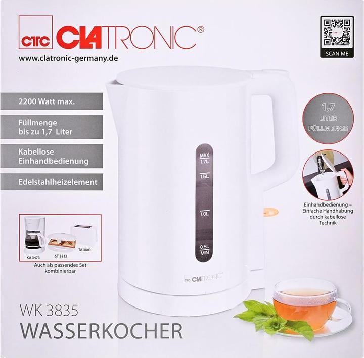Actual product image Clatronic ® Wasserkocher 1,7L 2200W für schnelles Erhitzen BPA frei Einhandbedienung Wasserstandsanze (1.70 l)