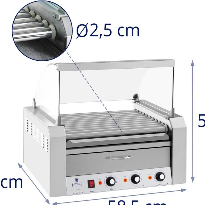 Produktbild Royal Catering Hot Dog Grill Edelstahl Rollengrill Würstchengrill 11 Rollen 2600 W 2 Zonen