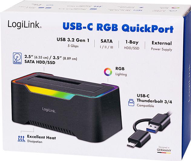 Immagine prodotto LogiLink USB-C 3.2 Gen 1 Docking Station, 1-Port, 2.5" & 3.5" SATA HDD/SSD, RGB-Licht, schwarz