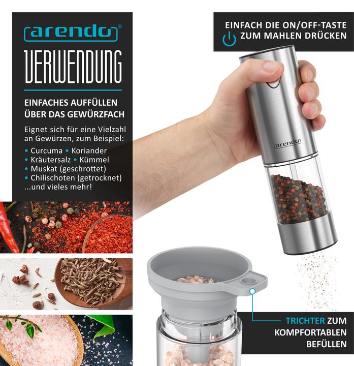 Produktbild Arendo Salz- und Pfeffermühle 2er Set, Elektrische Salzmühle & Pfeffermühle, stufenlos einstellbar, Akku (Pfeffer, Salz)