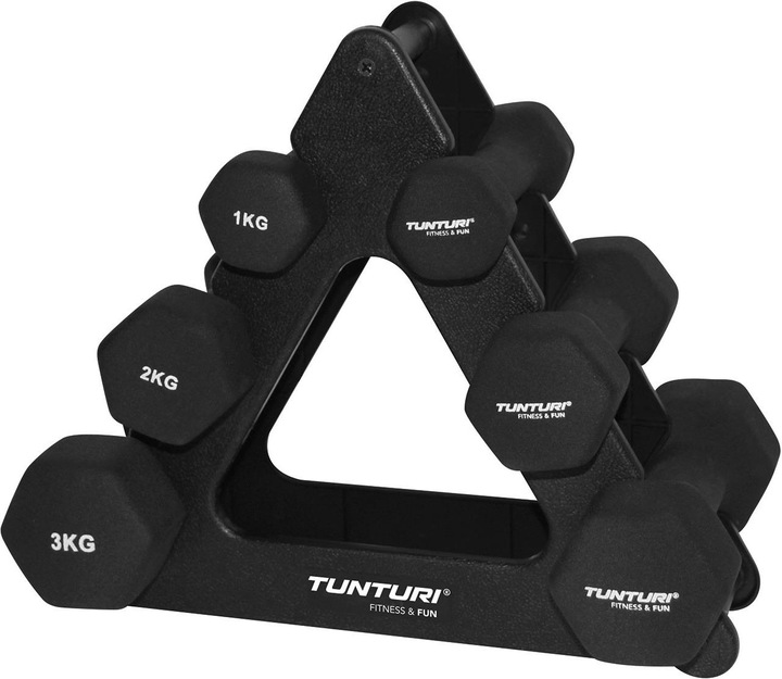 Actual product image Tunturi Neopren Kurzhantelset mit Ständer (2 x 1 kg, 2 x 2 kg, 2 x 3 kg)