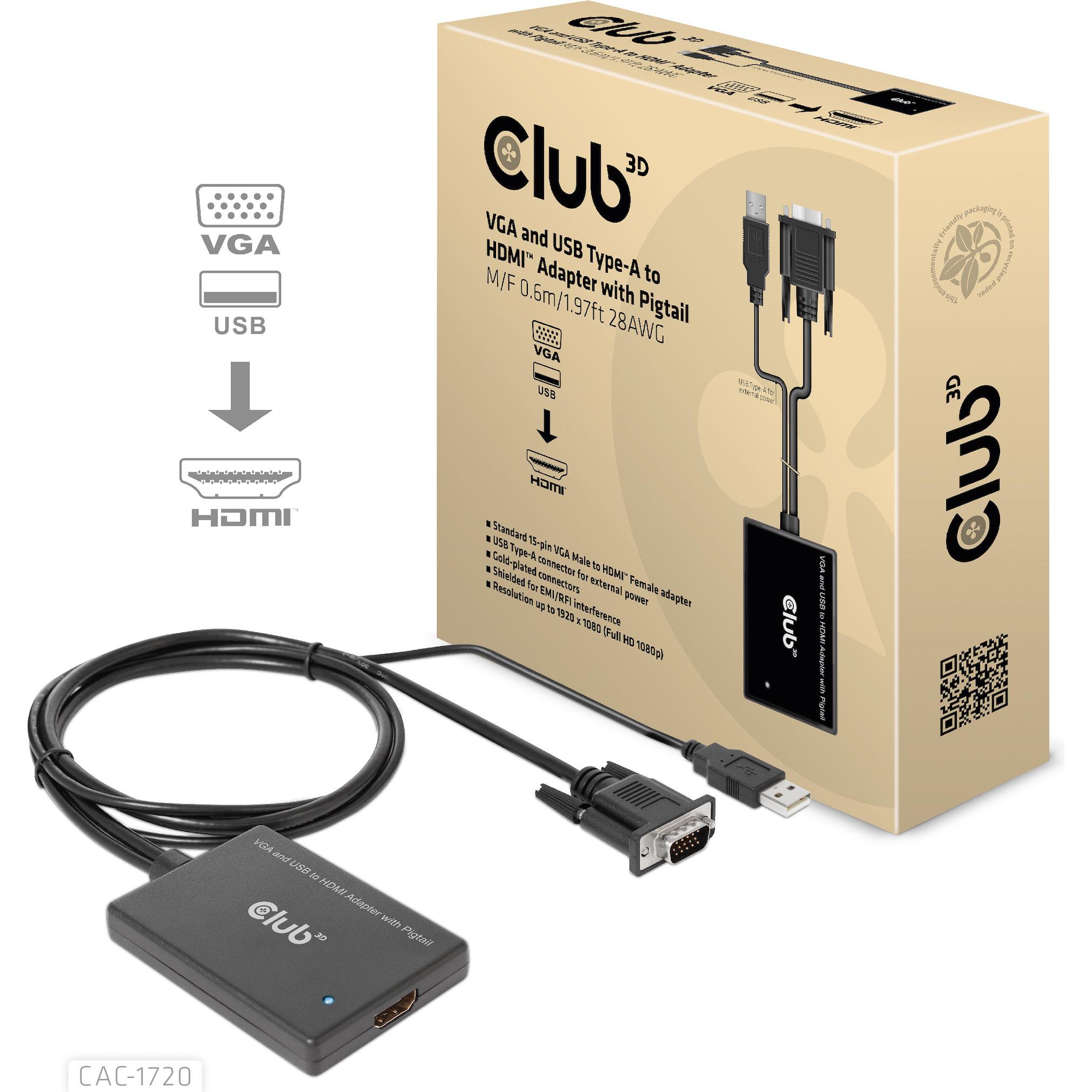 Club 3D Club3D Adapter VGA + USB-A > HDMI St/Bu (HDMI, USB, VGA, 60 cm), Data + Video Adapter, Schwarz