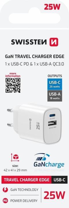 Produktbild Swissten Netzadapter EDGE GaN 25W, 2 Ports, 1x USB-C PD 25W + 1x USB-A 18W QC (25 W, 2 Ports)