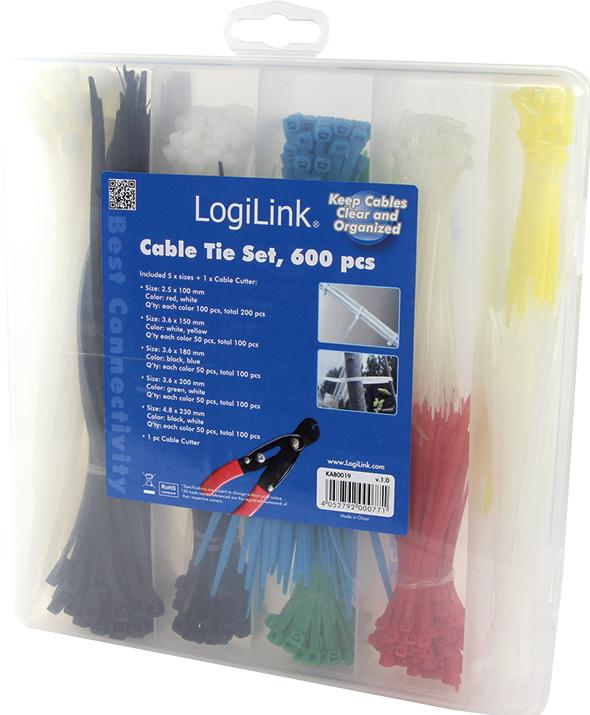 Image du produit LogiLink Set de colliers de serrage, 600 pièces, pince à dénuder incluse (Serre-câbles en plastique, 230 mm, 600 pcs)