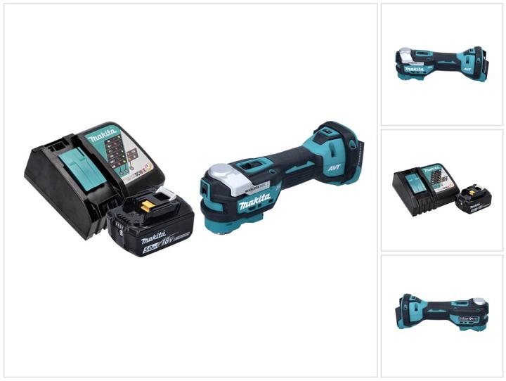 1x Makita DTM 52 cordless multifunction tool, 1x Makita BL 1850 B 18 V 5.0 Ah battery, 1x Makita DC 18 RC battery charger 18 V