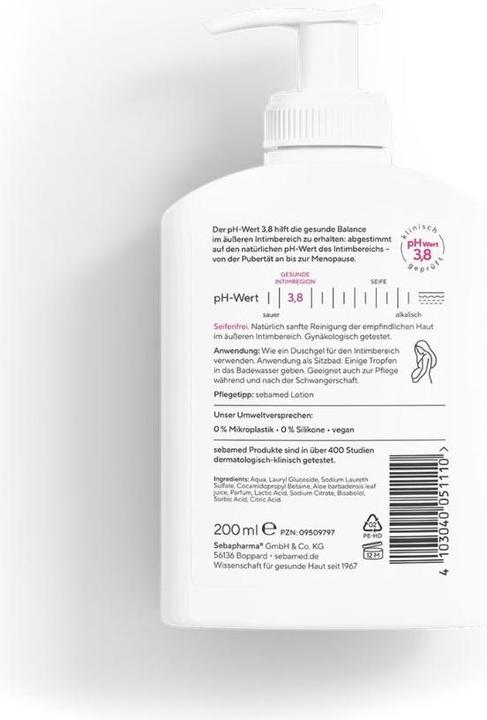 Actual product image Sebamed Intim Waschgel pH 3,8, 200 ml Gel (Intimate washing lotion, 200 ml)