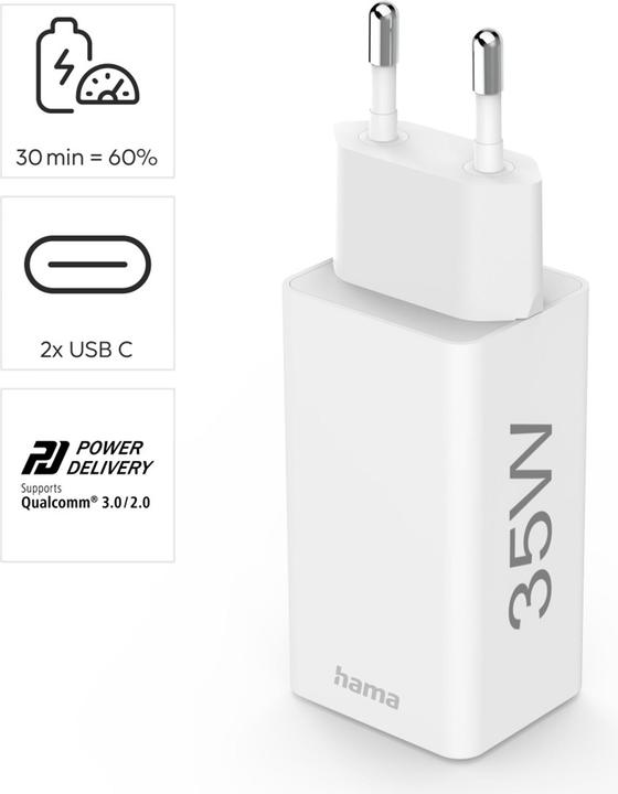 Image du produit Hama Chargeur rapide + câble, 2x USB-C, PD/QC, mini-chargeur, 35W, 1 m, blanc (35 W, 2 ports)