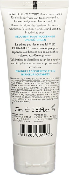 Valeurs nutritives et ingrédients Crème pour les mains Med dermatopic Tb 75 ml (75 ml)