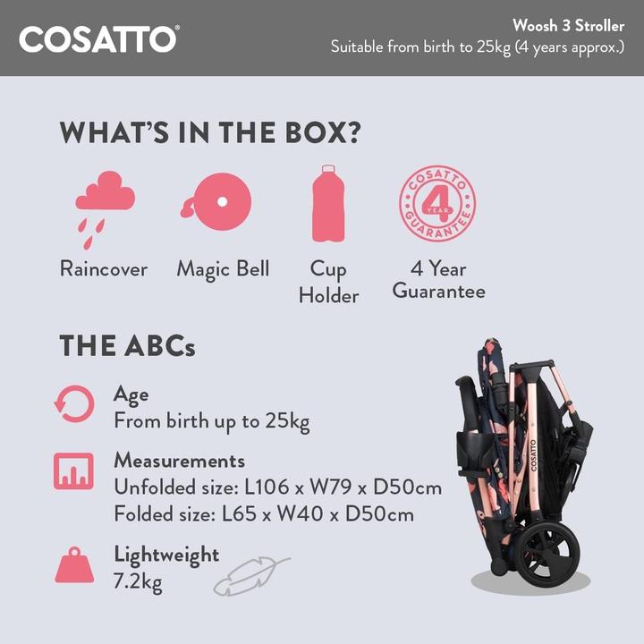 Produktbild Cosatto Leichter Kinderwagen mit Regenschutz, Sonnenschutz und Korb, bis 25 kg, einhändig klappbar