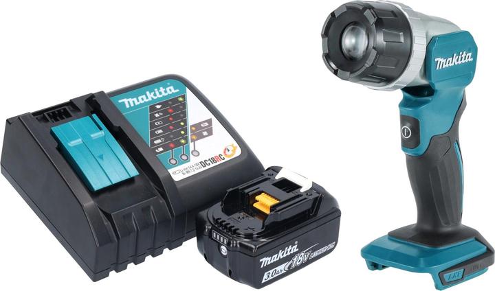 1x Makita DML 808 cordless hand lamp, 1x Makita BL 1830 B 18 V 3.0 Ah rechargeable battery, 1x Makita DC 18 RC rechargeable battery quick charger