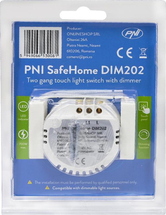 Productafbeelding PNI Dubbele schakelaar met touch en dimmer SafeHome DIM202, 2X700W, Live Wire, zonder nul, glas